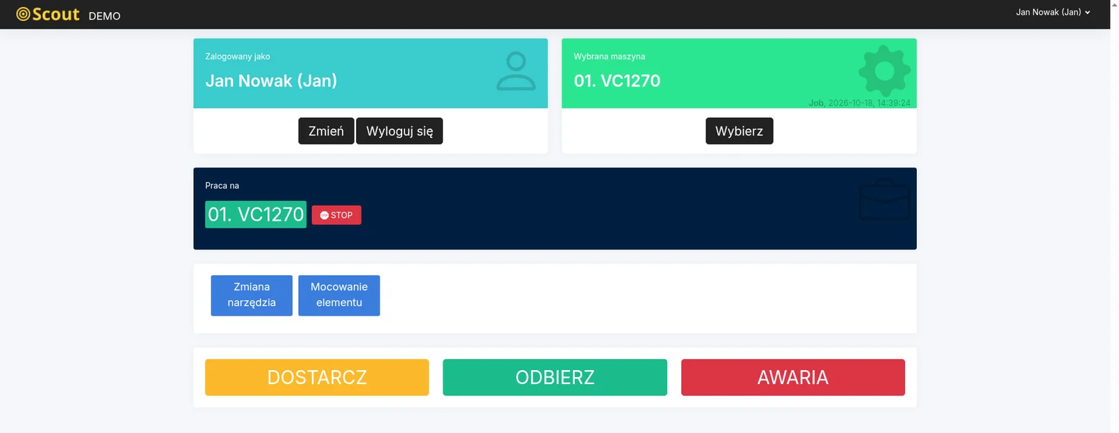 Panel operatora w Scout – zalogowany pracownik, wybrana maszyna, przyciski ANDON: Dostarcz, Odbierz, Awaria (konto pokazowe)
