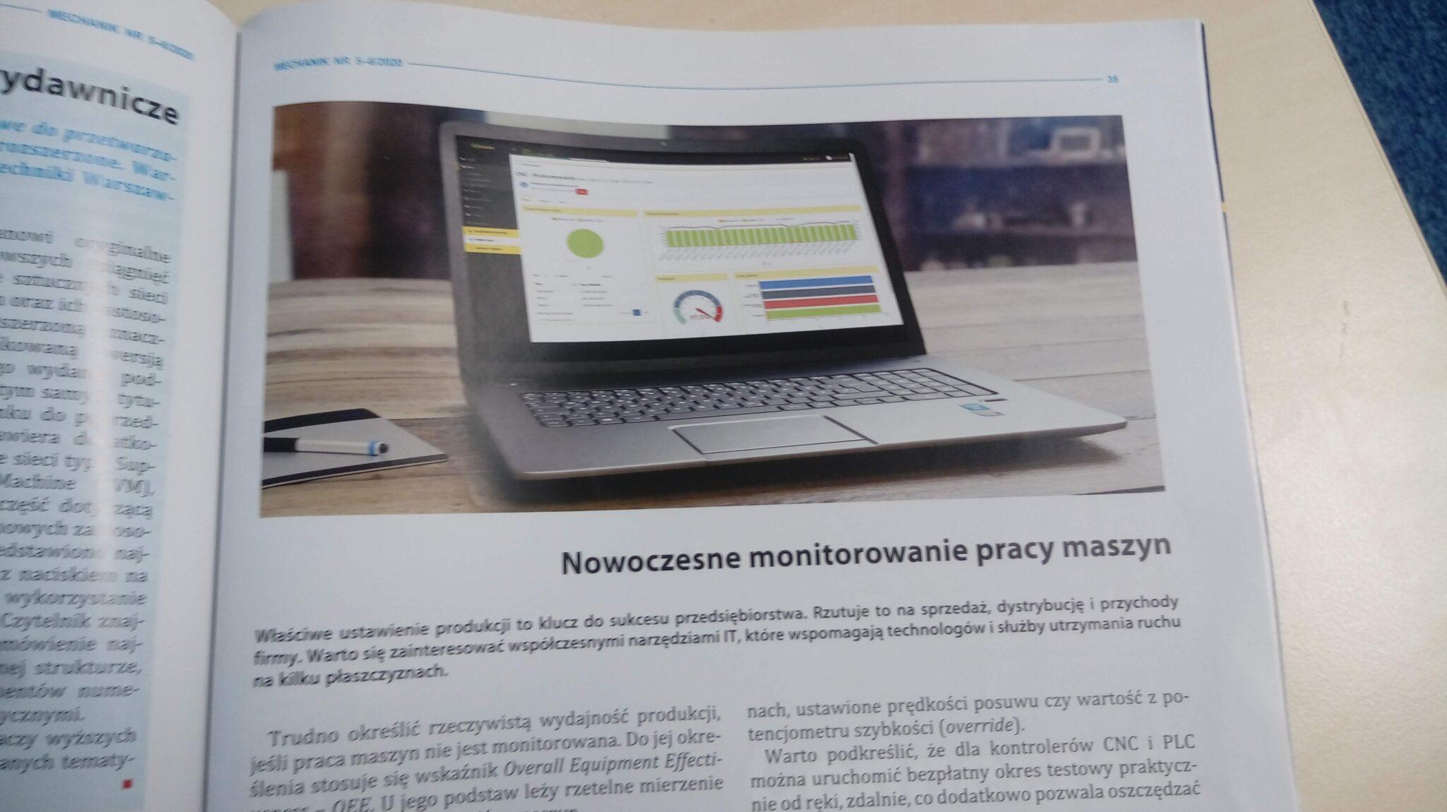 Strona pisma Mechanik nr 5-6/2020 z artykułem „Nowoczesne monitorowanie pracy maszyn” i zdjęciem laptopa z wykresami