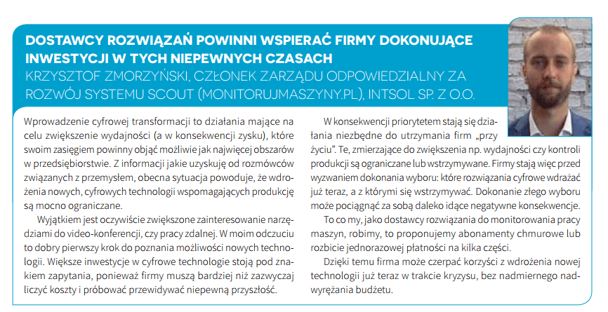 Wypowiedź Krzysztofa Zmorzyńskiego, członka zarządu INTSOL, w piśmie AUTOMATYKA nr 5-6/2020 – skan fragmentu strony
